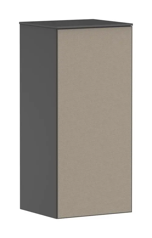 Schlichter, rechteckiger Schrank in schiefergrau mit einer beige Front. Hansgrohe-Logo auf der Tür. Türanschlag auf der linken Seite.